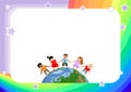 Kids background, frame, template with happy kids of different races and skin colors