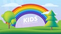 Kids background vector flat illustration. Fantastic landscape with rainbow on green valley Royalty Free Stock Photo