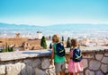 Kids with backpack, boy and girl standing on viewpoint Royalty Free Stock Photo