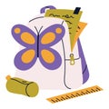 Kids backpack on zipper, school bag, colorful packed satchel. Childs schoolbag with butterfly. Stationery, study supplies: pencil