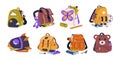 Kids backpacks, school bags set. Childs schoolbags, packed satchels with stationery, study supplies. Childish knapsacks Royalty Free Stock Photo