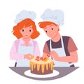 Kids bake cake, cute children bakers in aprons and chefs hats cook at table together