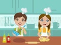 Kids Baking Cookies, Cute Boy and Girl Cooking in the Kitchen, Kids Culinary Class Vector Illustration