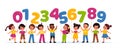 Kids with balloons numbers. Happy children hold color numerals, boys and girls and colorful numeric balloons, funny baby