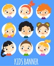 Kids banner with cartoon children faces. Colorful avatars of boys and girls. Template for flyer, banner