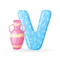 Kids banner with english alphabet letter V and cartoon image of porcelain or ceramic pink decorated vase with handles.