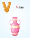 Kids banner with english alphabet letter V and cartoon image of porcelain or ceramic pink decorated vase with handles