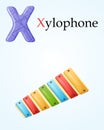 Kids banner with english alphabet letter X and cartoon image of children musical toy xylophone