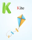 Kids banner template with english alphabet letter J and cartoon image of children toy flying kite on a rope with bows Royalty Free Stock Photo