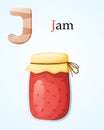 Kids banner template with english alphabet letter J and cartoon image of glass jar with sweet strawberry or raspberry jam