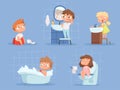 Kids bathing. Hygiene for children clean teeth morning routine hand washing vector cartoon people