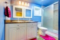 Kids Bathroom with blue walls and pink rug and towel.