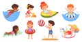 Kids on beach. Boys and girls in swimsuits swimming in sea, building sandcastle. Cartoon joyful children enjoying summer