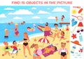 Kids on beach. Children activity on sunny resort. Puzzle location with hidden objects. Cartoon picture for play with