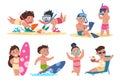 Kids at beach. Flat children character on summer holidays performing beach activities, swimming playing ball sunbathing Royalty Free Stock Photo