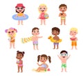 Kids beach. Funny little children with summer accessories, smiling girls and boys in swimsuits with elements of pool