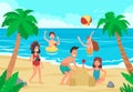 Kids beach. Happy childrens fun on sea shore sand beach, children sunbathing and swimming kid cartoon vector illustration