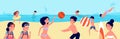 Kids beach vacations. Children swimming, playing with toys on sea. Cartoon funny summer characters, ocean travel utter Royalty Free Stock Photo