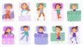Kids in bed, sleeping children, cartoon bedtime characters. Kindergarten children having night dream vector illustration