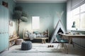 Kids bedroom with frame mockup. Boho Scandinavian decoration style Royalty Free Stock Photo