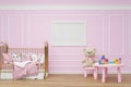 Kids bedroom with stuffed toy animals and mockup picture frame. Royalty Free Stock Photo