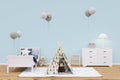 Kids bedroom with stuffed toy animals and play teepee. Royalty Free Stock Photo