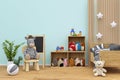 Kids bedroom with stuffed toy animals. Royalty Free Stock Photo