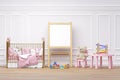 Kids bedroom with stuffed toy animals and writing white board. Royalty Free Stock Photo