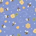 Kids bee seamless pattern in violet background Cute cartoon doodle bees, flowers, honey, hearts lovely lilac print