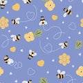 Kids bee seamless pattern in violet background Cute cartoon doodle bees, flowers, honey, hearts lovely vector print