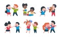Kids behavior. Cartoon brother and sister fight cray play, cute little boy girl happy characters. Vector funny best Royalty Free Stock Photo
