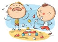 Kids behavior, conflict, one child being naughty and aggressive and another crying, colorful cartoon illustration