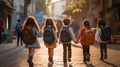 kids behind them wearing school bags are walking together enjoying in the lively streets. by Generative AI