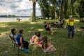 Kids being animated by clown in Lido park and beach. Zemun, Serbia Royalty Free Stock Photo