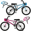 Kids bicycles and helmets, blue and pink.