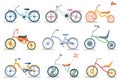 Kids bicycles set with different frame types, colors and forms. Collection colorful children children bikes, transport