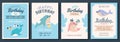 Kids birthday cards with cute dolphins. Childish holiday invitational greeting banners, funny cute marine animals
