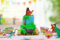 Kids birthday party. Dinosaur theme cake