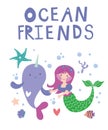 Kids birthday party invitation card with cute little mermaid and marine life cartoon with slogan Ocean Friends Vector