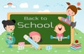 Kids and blackboard, Children and board, kids education, education concept, back to school template with kids, Kids go to school, Royalty Free Stock Photo