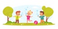 Kids blow bubbles. Funny boys and girl play with soap air balls outdoor in park, childish hobbies and games children