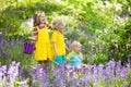 Kids in bluebell flower forest in summer