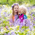 Kids with bluebell flowers, garden tools