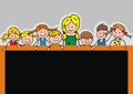 Kids and board, template, vector illustration, group of children and teacher