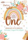 Kids boho invitation card. Wild one girl birthday invite. Pink boho rainbow, pink floral bouquet. Natural template