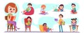 Kids with book. Education processes in library kids holding and reading books exact vector illustration set Royalty Free Stock Photo