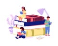 Kids with books. Cartoon boys and girls read. Home education concept. Smart pupils study or prepare school homework