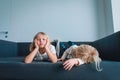 Kids bored and tired of staying home, girls feeling anxiety and stress Royalty Free Stock Photo