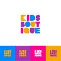 Kids boutique. Logo for children`s clothing store. Colored decorative letters inscribed in a square.