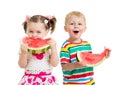 Kids boy and girl eat watermelon isolated